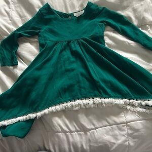 Vibrant Green Kids Dress with Fringe Detail
